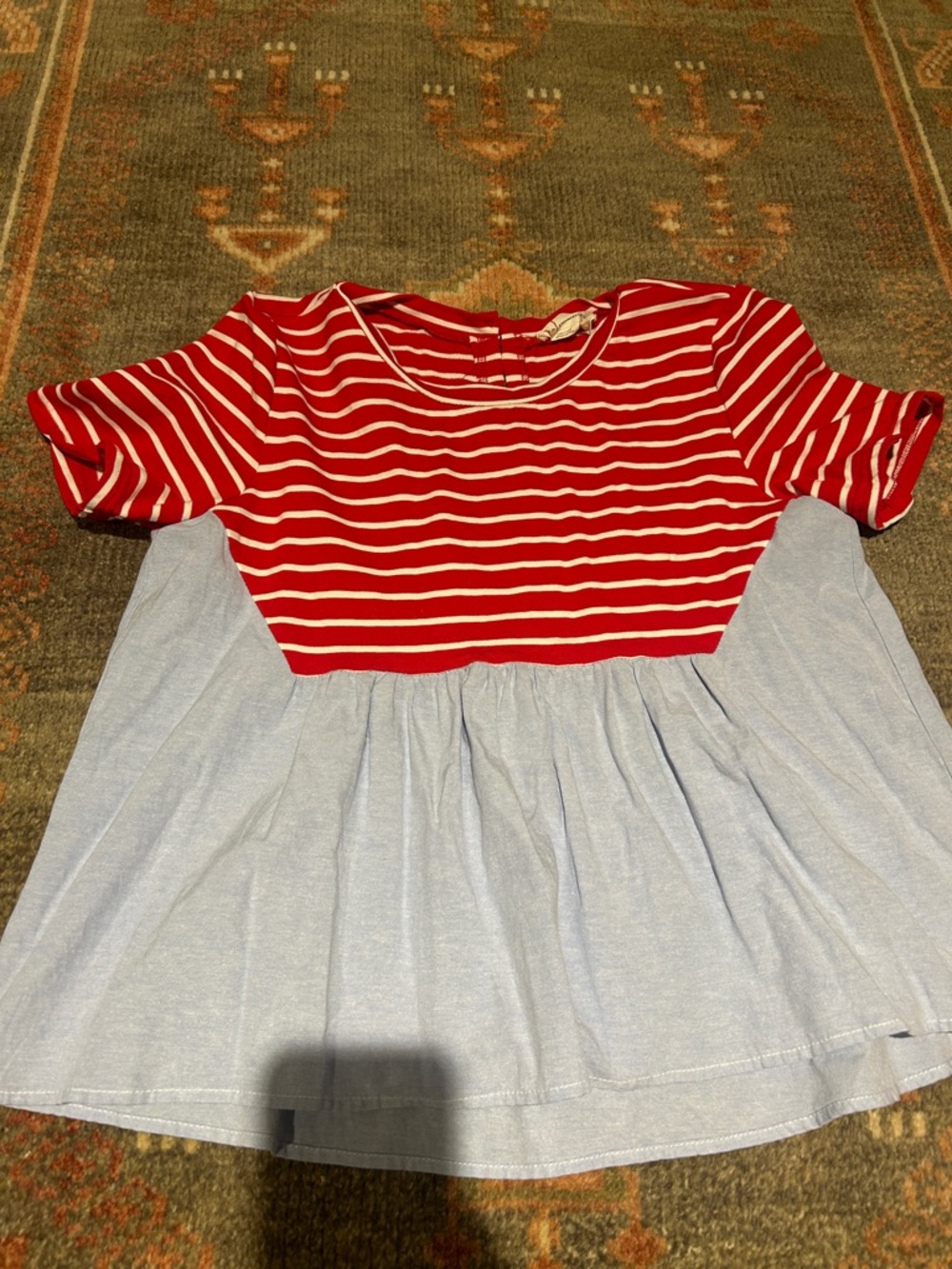 Anthropologie Red & Light Blue Striped Babydoll Top